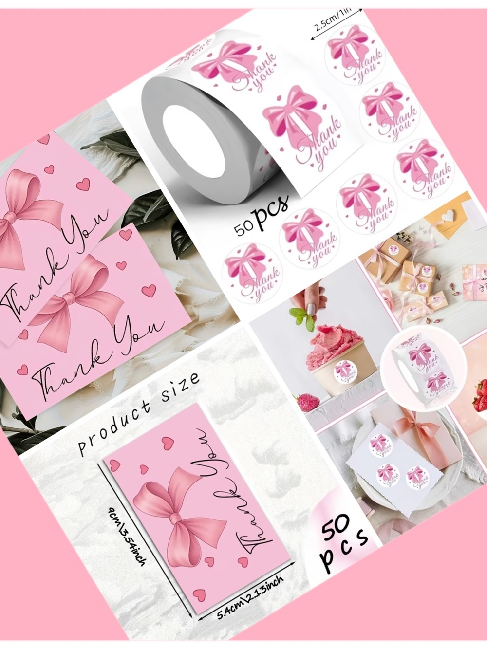 100 pcs total 🎀 50 ‘Thank You' cards 50 Stickers 🎀